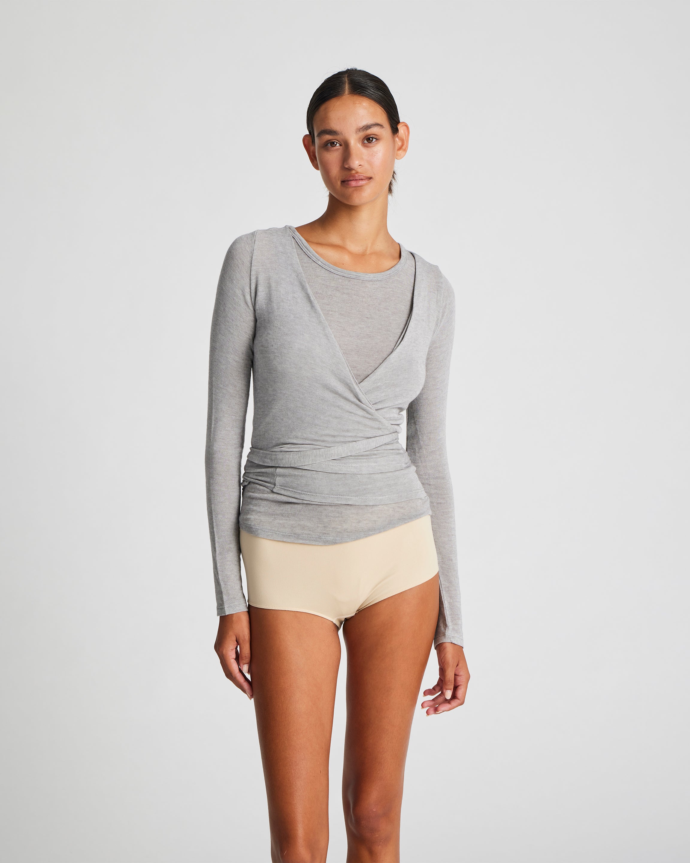 Nude Halter Wrap Top – Grey Suede