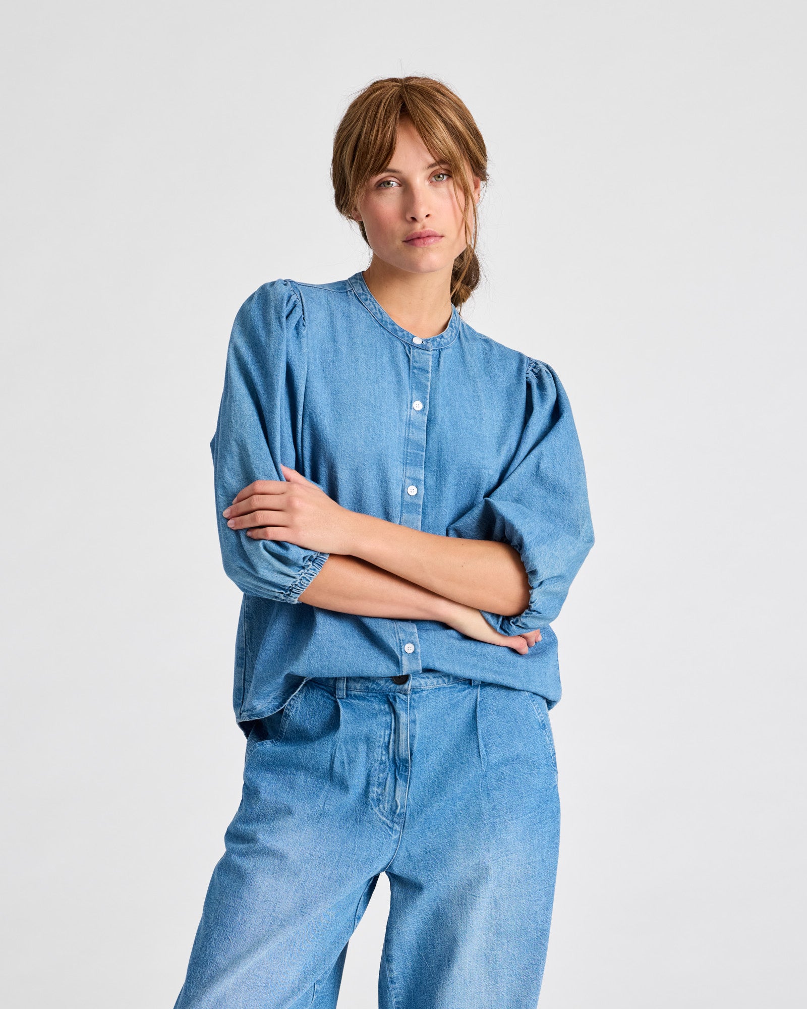 Elinor L/S Cotton Denim Light Washed Stand Collar Shirt - Blue Denim