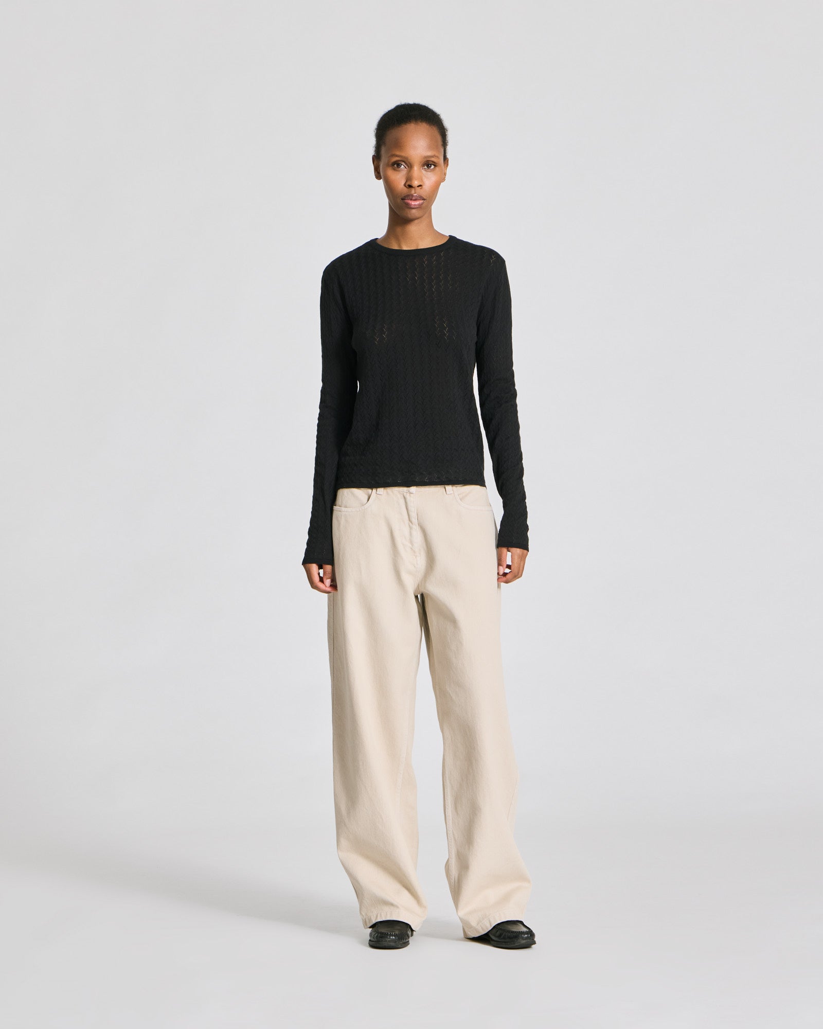 GAI+LISVA Freja L/S Leaves Pointel Knit Top - GOTS Cotton l Knitwear 650 Black