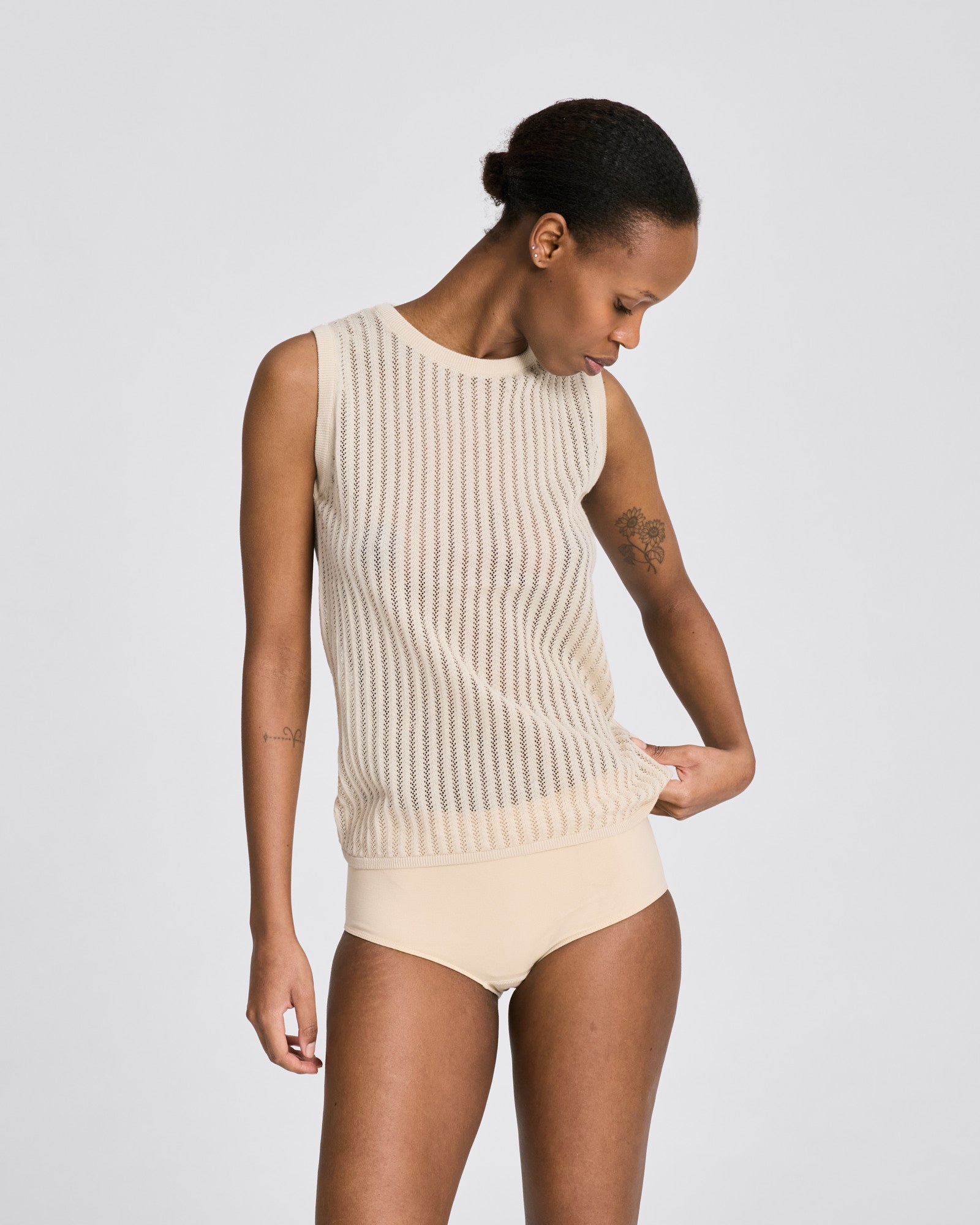 サルセーションY11 Mesh Knit Top Sofie Fishbone Pointel Knit Top - GOTS - Ecru