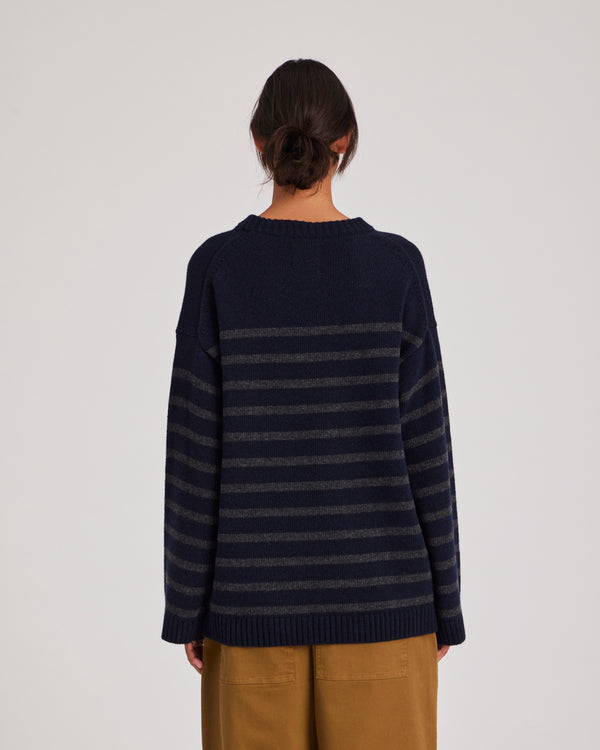 GAI+LISVA Barbera Stripe Lambswool Jumper Knit 137 Midnight Blue / Dark Grey Stripe