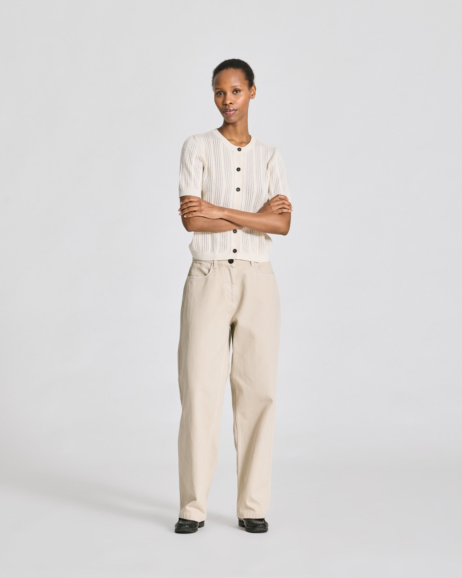 Delia S/S Cardigan Cotton Pointel Knit GOTS - Whisper White