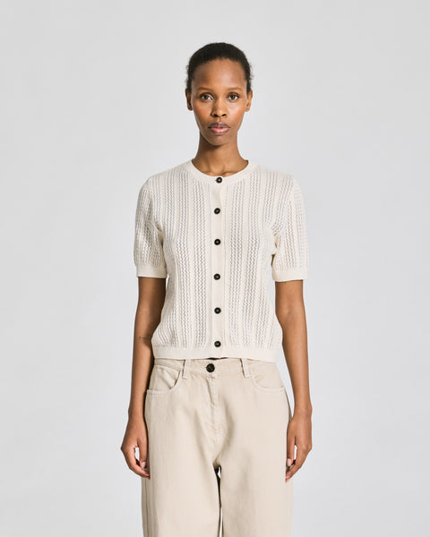 Delia S/S Cardigan Cotton Pointel Knit GOTS - Whisper White