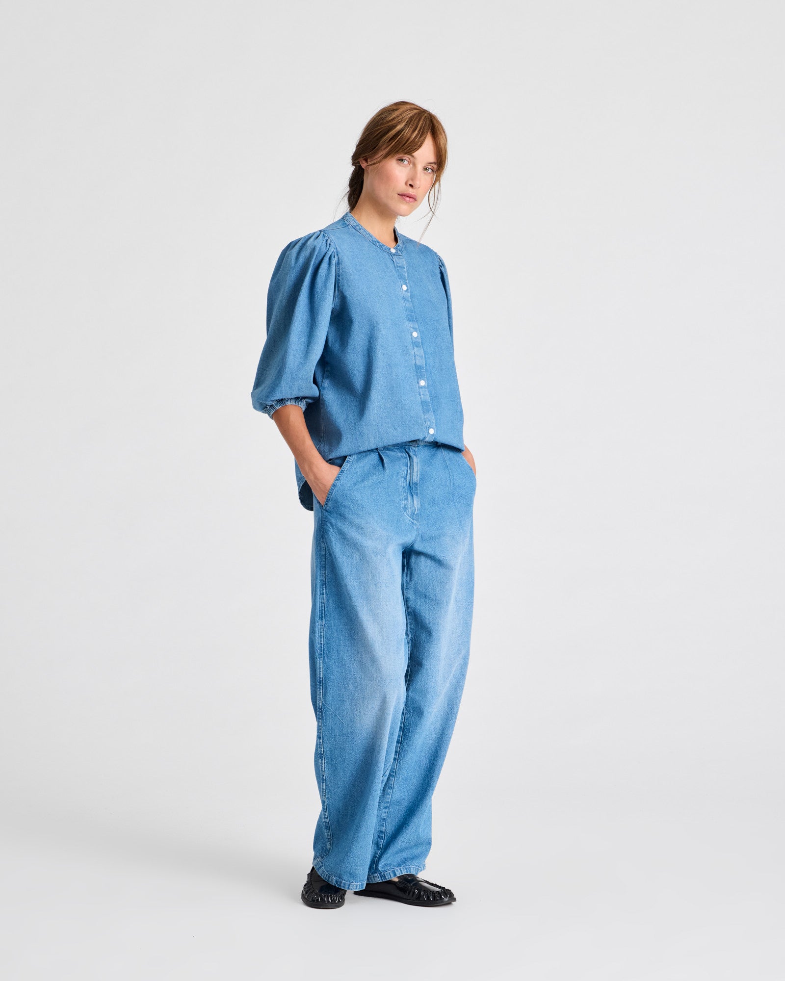 Elinor L/S Cotton Denim Light Washed Stand Collar Shirt - Blue Denim