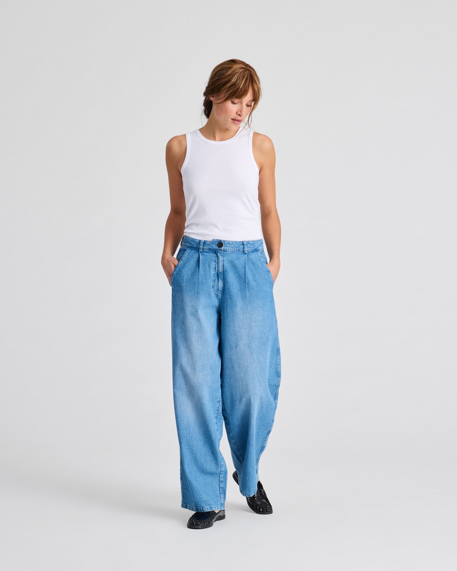 Natalie Cotton Denim Light Washed Pants - Blue Denim Washed