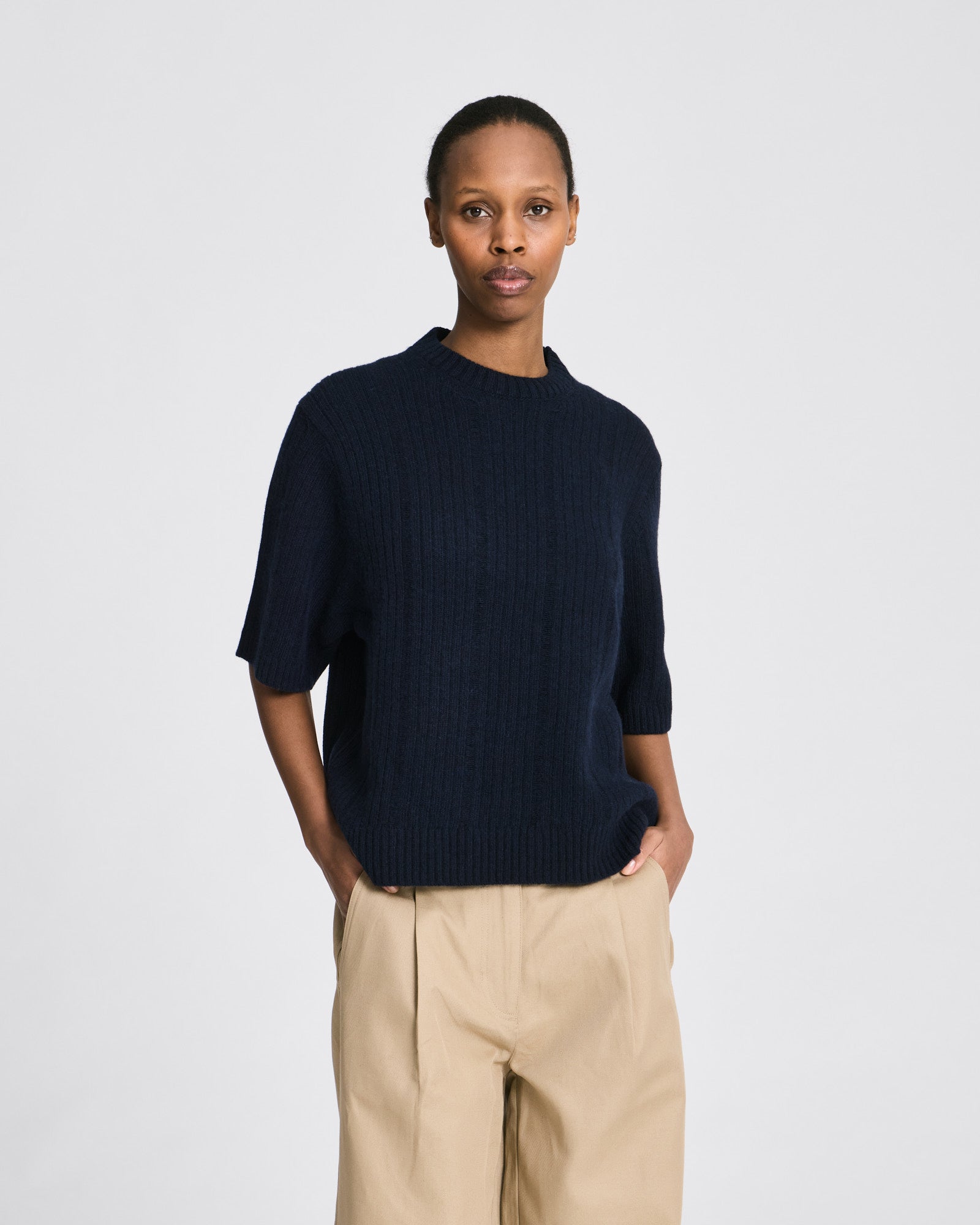 Tulle S/S Drop Needle Lambswool Knit GOTS - Whisper White